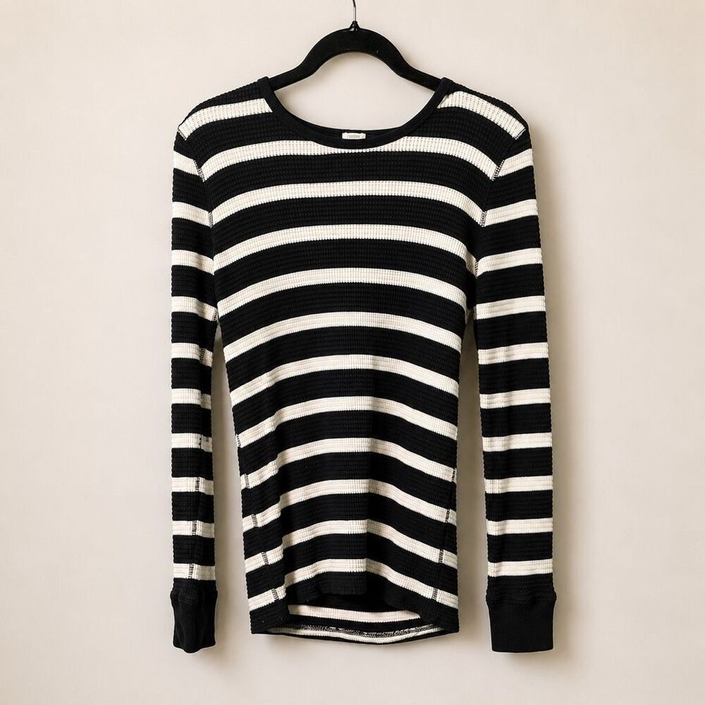 J. Crew Women’s Striped Waffle Knit Top Size Large Black White Long Sleeve